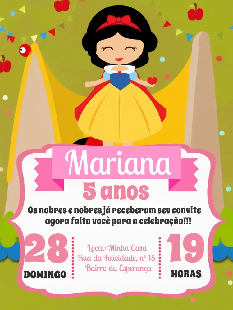 Convite Branca De Neve Princesa – tema Chá de Panela princesa, lúdico, colorido, fantasia, romântico, infantil