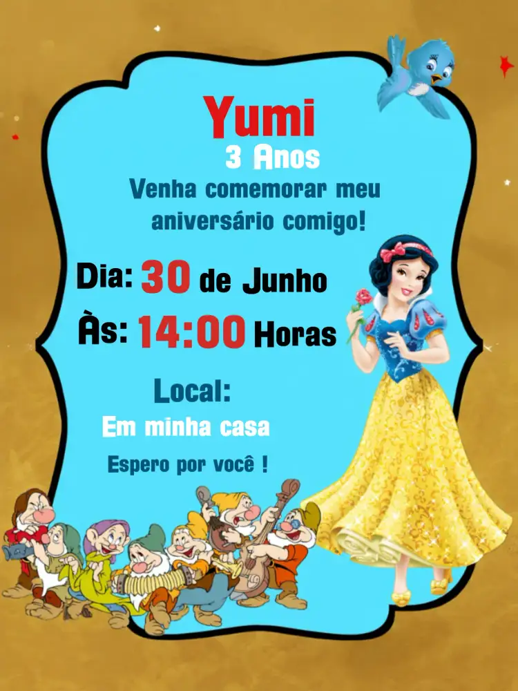 Convite Branca De Neve Vermelho – tema Aniversário Infantil vermelho, azul, amarelo, lúdico, colorido, fantasia