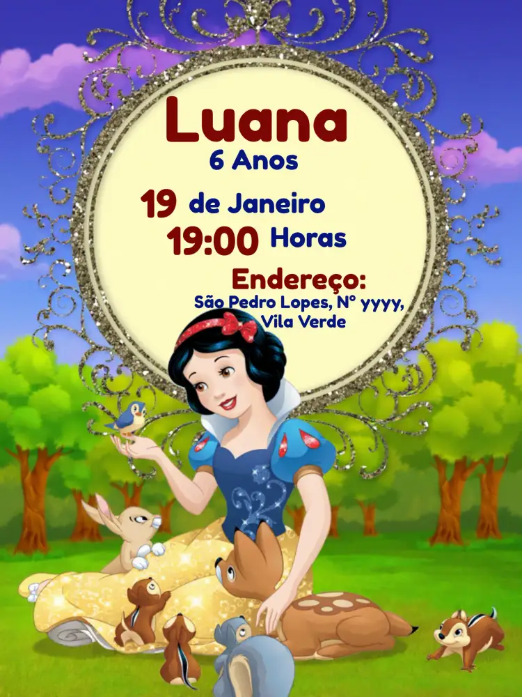 Convite Branca De Neve Vermelho... – tema Chá de Panela vermelho vibrante, azul claro, ilustrações lúdicas, elementos da floresta, estilo conto de fadas, design moderno