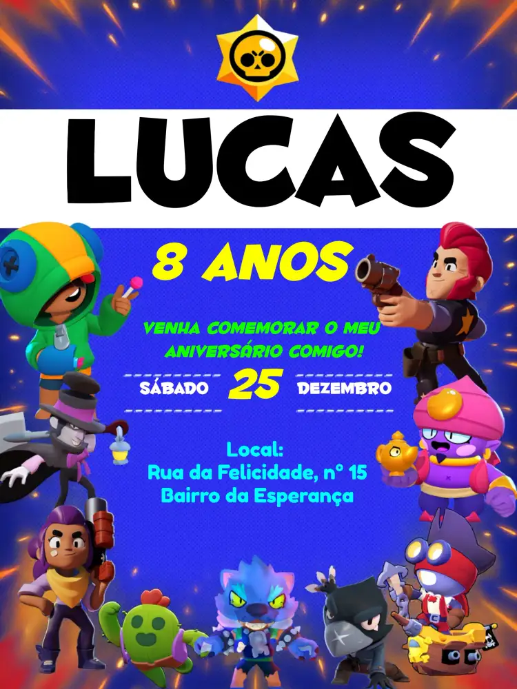 Convite Brawl Stars Azul – tema Mais pesquisados azul, verde, branco, moderno, jogos, diversão
