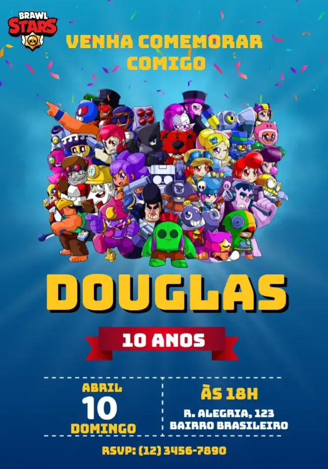 Convite Brawl Stars Brawlstars – tema Mais pesquisados azul, divertido, jogos, infantil, moderno