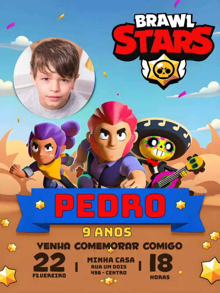 Convite Brawl Stars Com Foto Gamer – tema Mais pesquisados moderno, colorido, divertido, jogos, gamer, temática