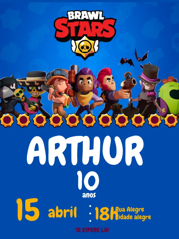 Convite Brawl Stars Infantil – tema Aniversário Infantil colorido, temático, divertido, jogos, moderno