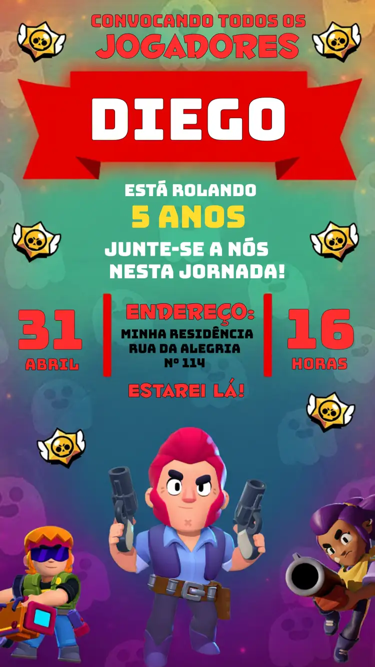 Convite Brawl Stars Jogo – tema Mais pesquisados vermelho, gamer, futurista, aventureiro, colorido