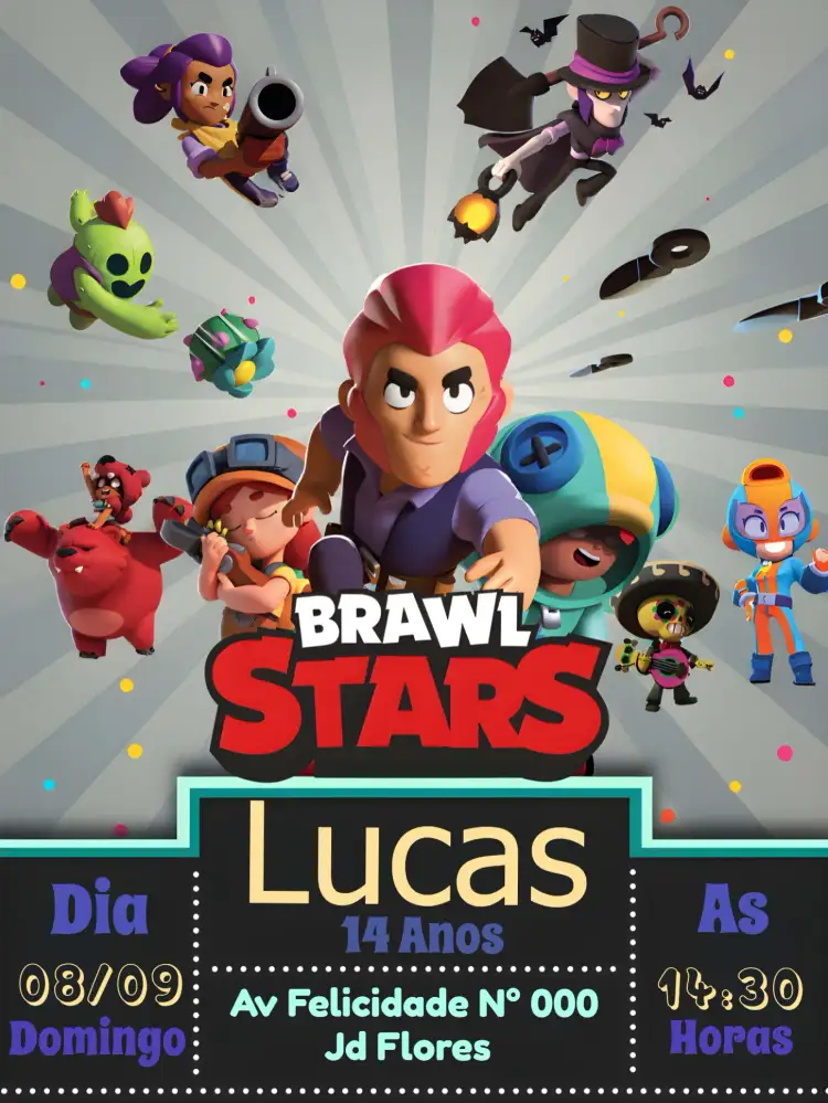 Convite Brawl Stars Laranja – tema Mais pesquisados colorido, divertido, jogos, infantil, temático