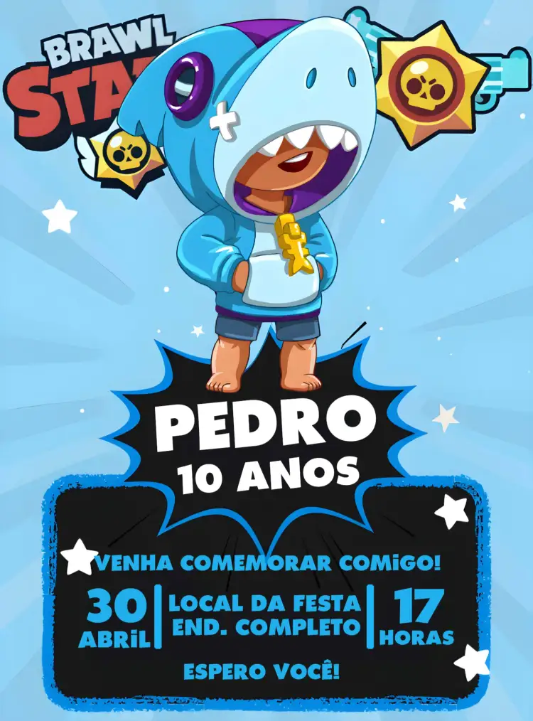 Convite Brawl Stars Leon Menino – tema Mais pesquisados gamer, moderno, colorido, divertido, infantil, temático
