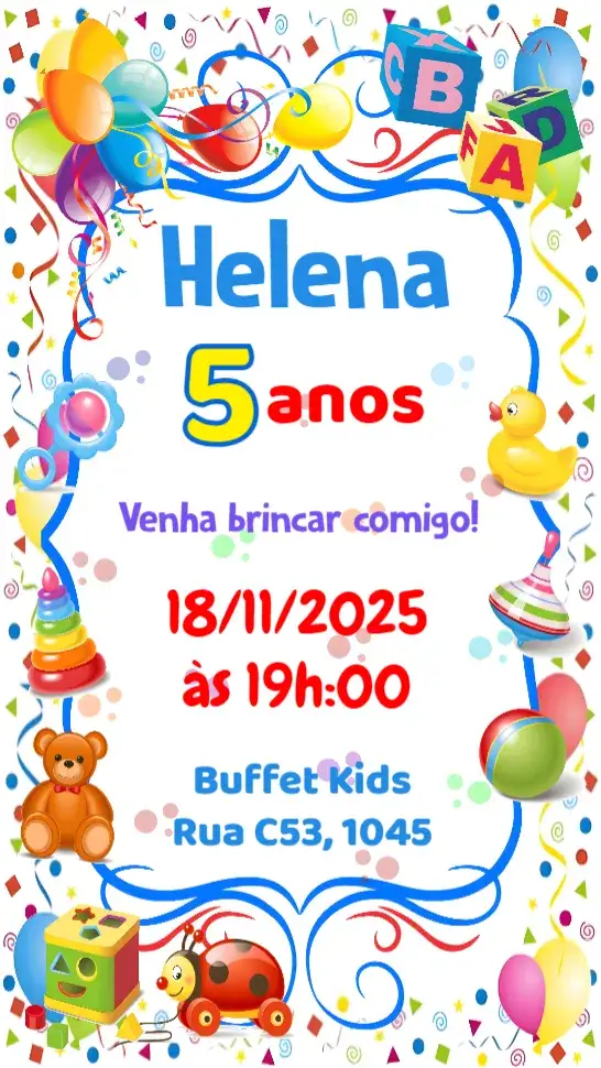 Convite Brinquedos – tema Aniversário Infantil colorido, divertido, ilustrações de brinquedos, infantil, alegre, moderno