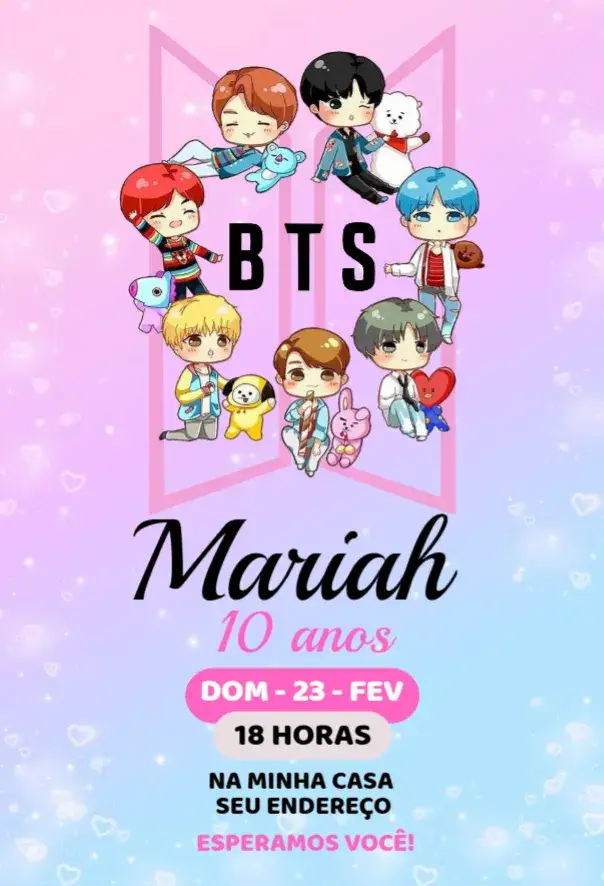 Convite Bts 1 – tema Aniversário colorido, moderno, divertido, K-pop, jovial, festivo