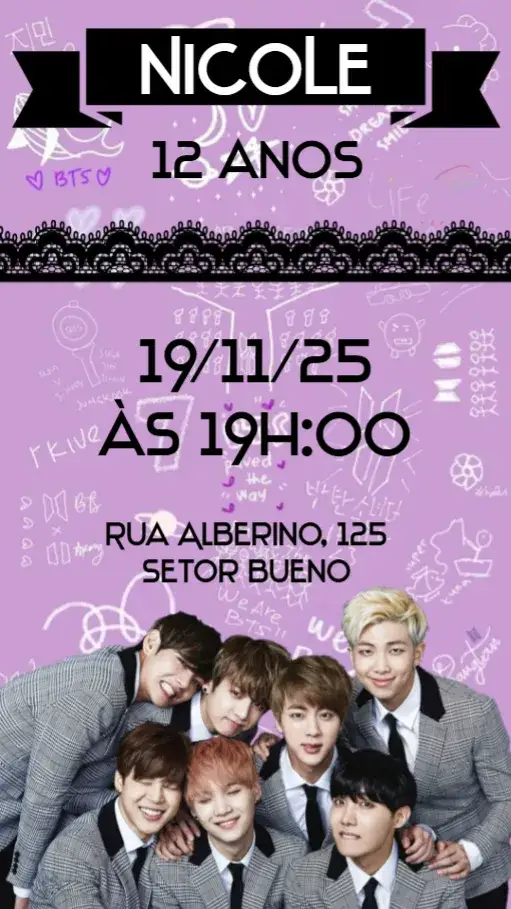 Convite BTS – tema Aniversário colorido, moderno, divertido, jovem, inspirado no K-pop, vibrante