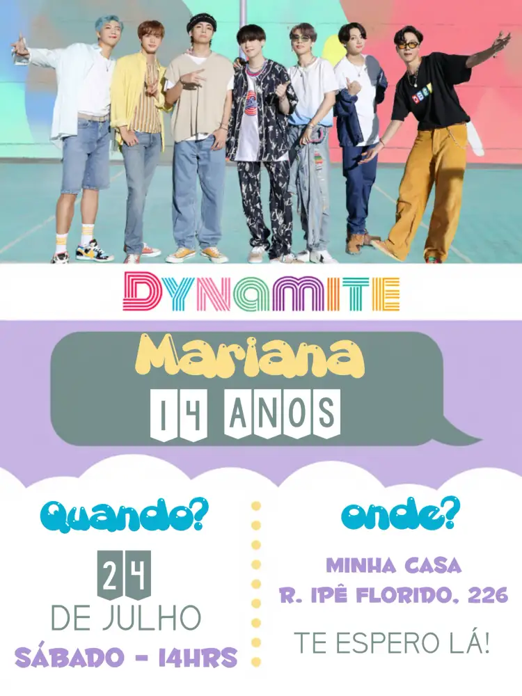 Convite Bts Vermelho – tema Aniversário Infantil moderno, colorido, divertido, temático, jovem, dinâmico