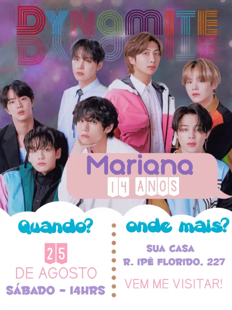Convite Bts Yourself – tema Aniversário Infantil moderno, colorido, temático, divertido, jovial