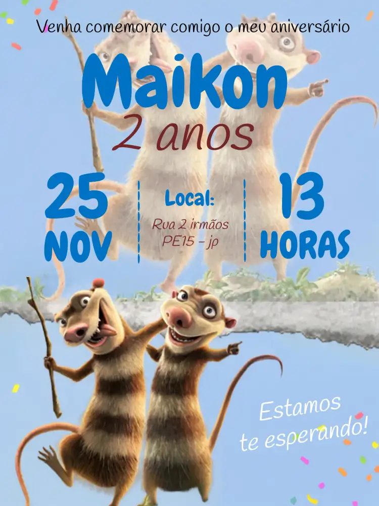 Convite Buck E Zee A Era Do Gelo Azul – tema Aniversário Infantil azul, gelo, divertido, temático, colorido