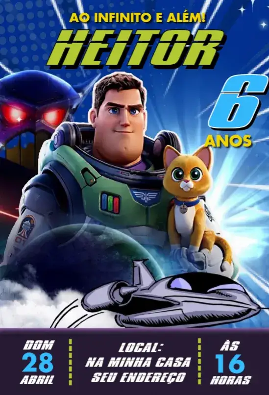 Invitación Buzz Lightyear 1 – tema Cumpleaños temática espacial, colores vibrantes, estilo divertido, elementos gráficos del espacio, inspirado en Toy Story