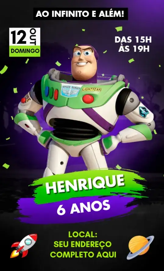 Invitación Buzz Lightyear – tema Cumpleaños espacio, colorido, divertido, temático, infantil, aventura