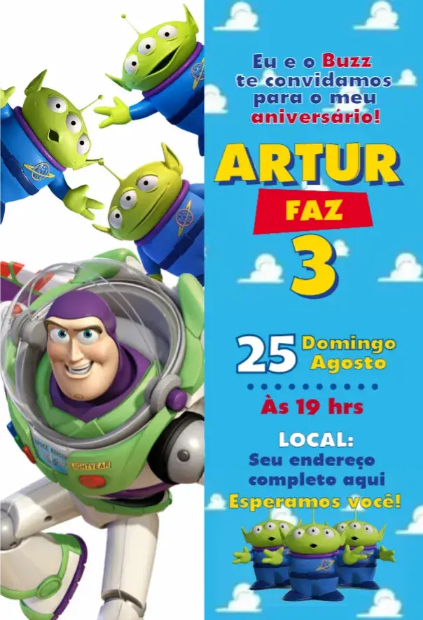 Convite Buzz Lightyear – tema Aniversário espaço, cósmico, aventura, colorido, divertido