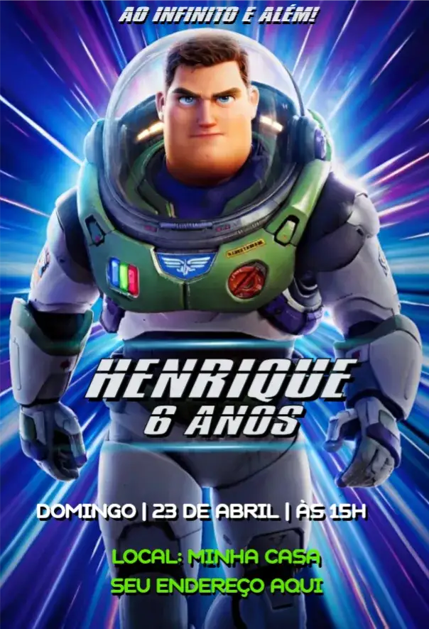 Convite Buzz Lightyear – tema Aniversário colorido, divertido, temático, infantil, espacial