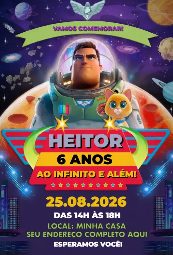 Convite Buzz Lightyear – tema Aniversário espaço, aventura, colorido, divertido, moderno, personagens