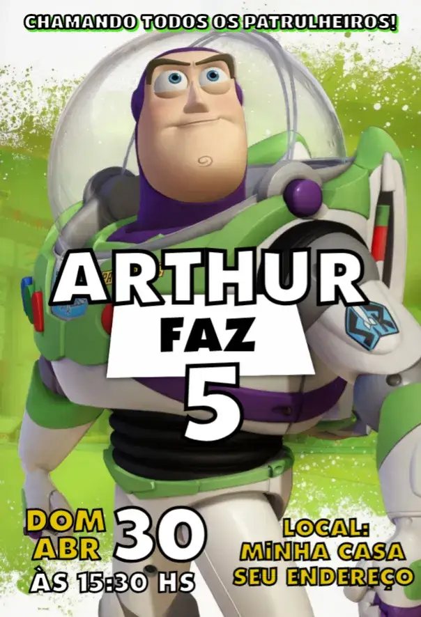 Convite Buzz Lightyear – tema Aniversário colorido, temático, divertido, espaço, infantil