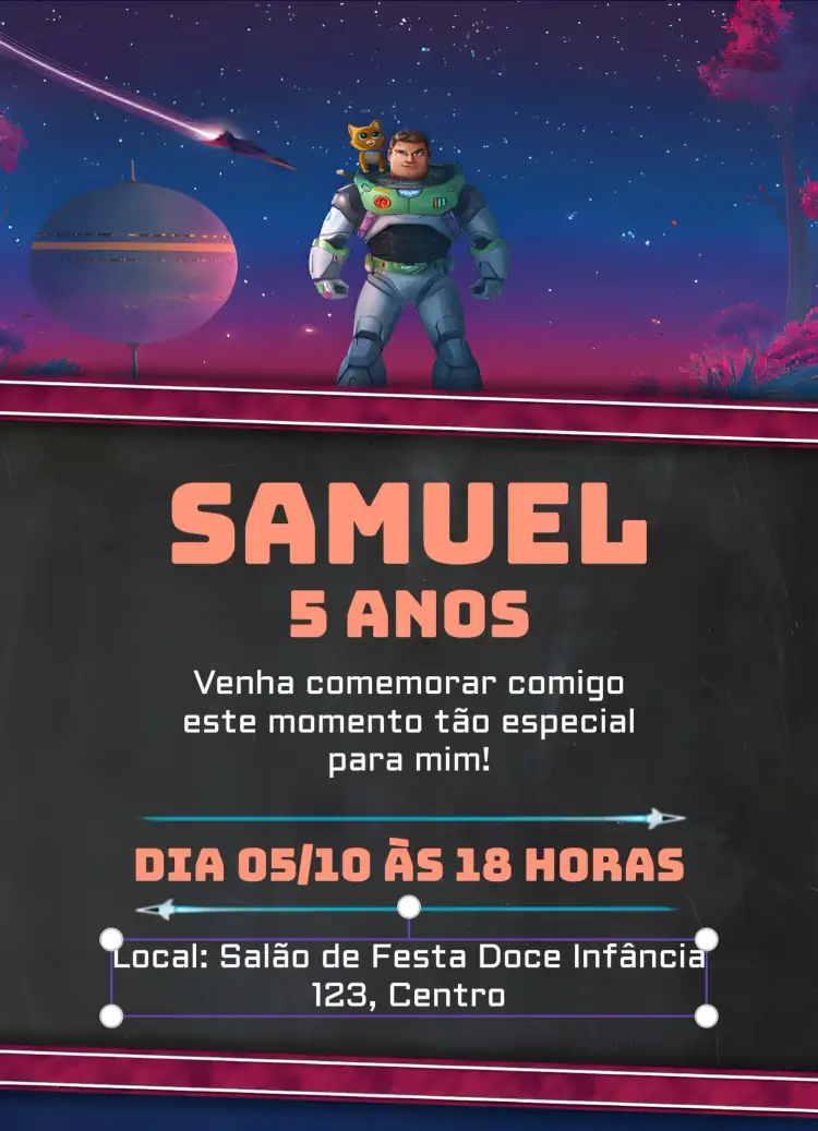 Convite Buzz Lightyear – tema Aniversário Infantil temática espacial, cores vibrantes, estilo divertido, elementos de aventura, gráficos do Buzz Lightyear
