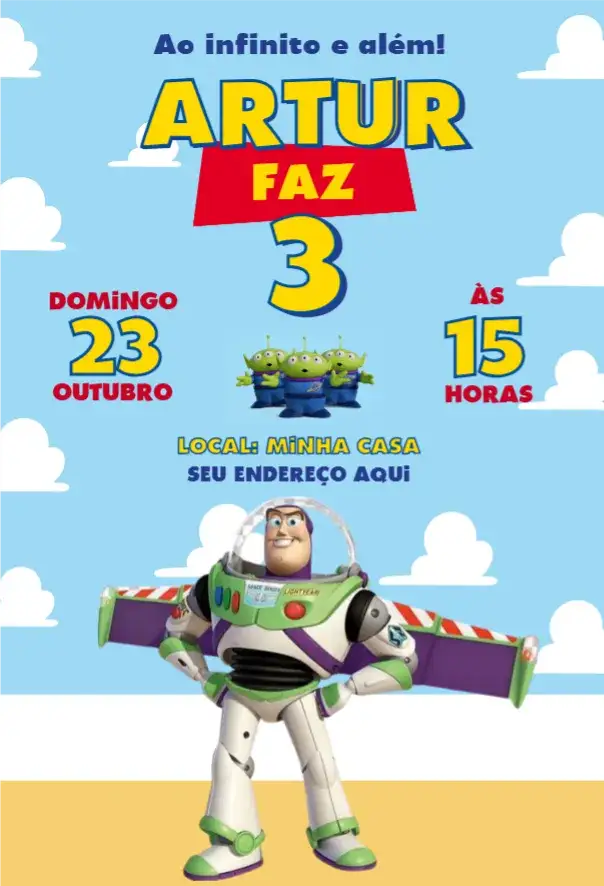 Convite Buzz Lighyear – tema Aniversário colorido, espacial, divertido, moderno, infantil