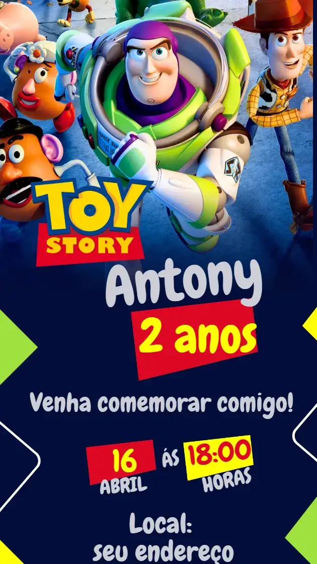 Invitación convite Infantil TOY STORY – tema Aniversário Infantil cores vibrantes, estilo lúdico, elementos gráficos de brinquedos, design alegre, inspirado em filmes, festa temática