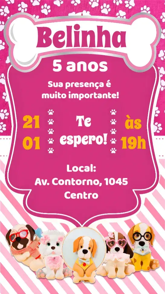 Convite Cachorra Pet – tema Aniversário colorido, divertido, temático de pets, ilustrações de cachorros, brincalhão, moderno