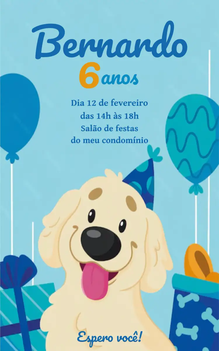Convite Cachorrinho Pet Doguinho – tema Mais pesquisados azul, animais, divertido, infantil, ilustrações, colorido