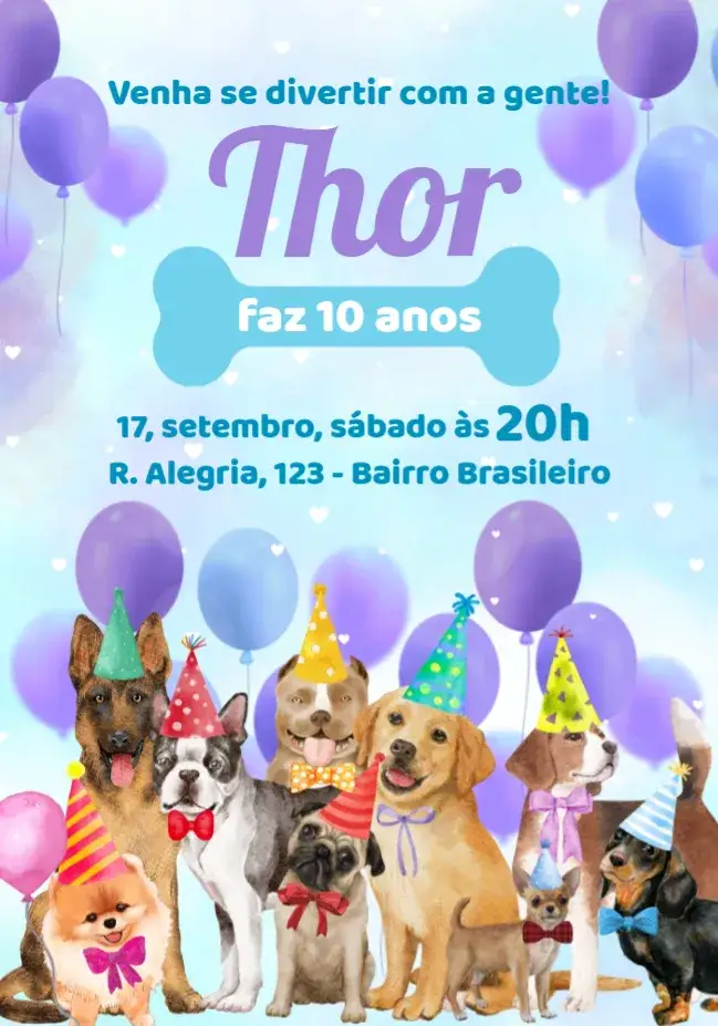 Convite Cachorro Cão – tema Mais pesquisados colorido, divertido, ilustrações de animais, estilo moderno, patas de cachorro, festa alegre