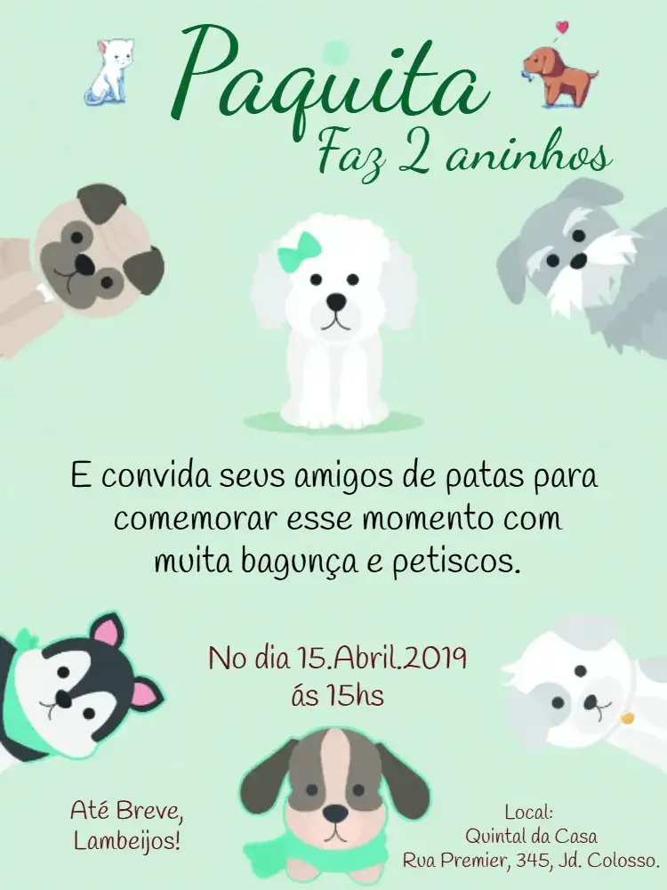 Convite Cachorro Pet – tema Mais pesquisados verde claro, branco, ilustrações de cachorro, estilo divertido, gráficos animados, design alegre