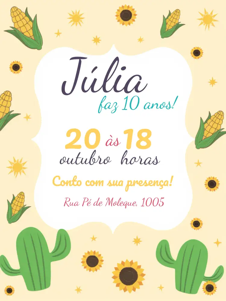 Convite Caipira Cactus – tema Datas Comemorativas cores vibrantes, estilo caipira, elementos juninos, gráficos de cactos, design rústico, inspirado na cultura nordestina