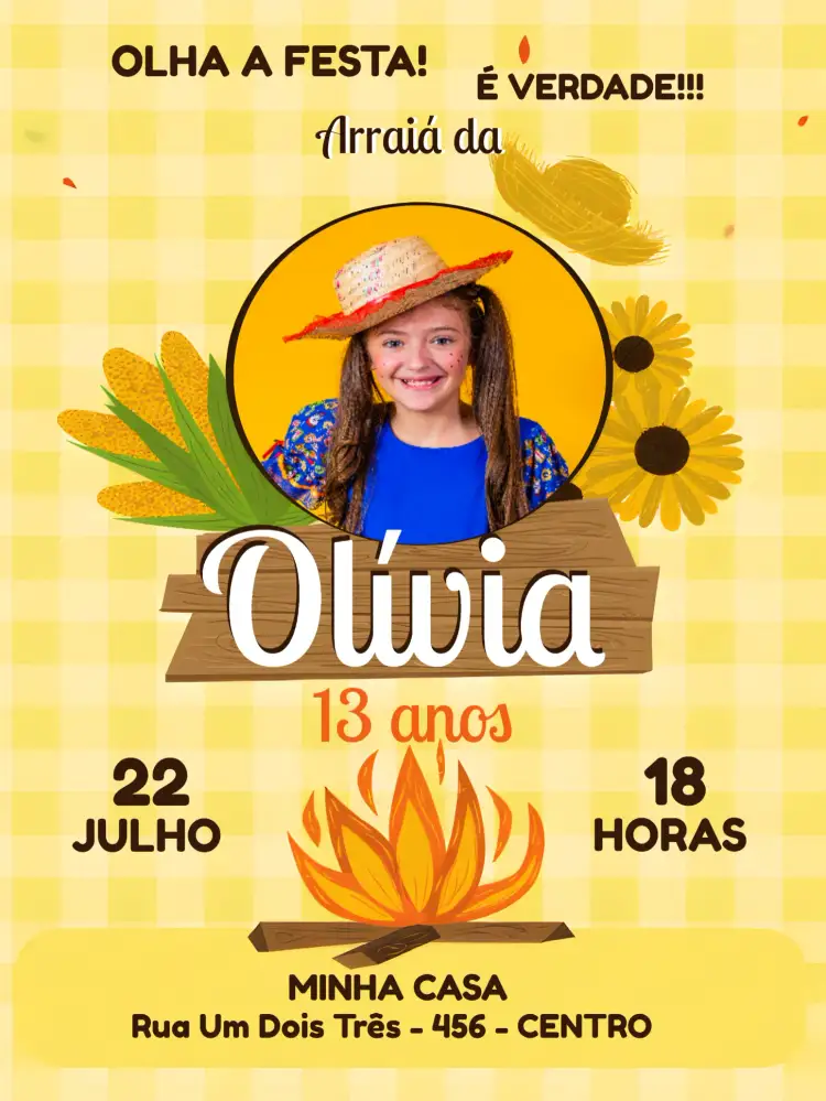 Convite Caipira Milho E Girassol Com Foto Marrom – tema Aniversário rústico, vintage, campestre, colorido, alegre