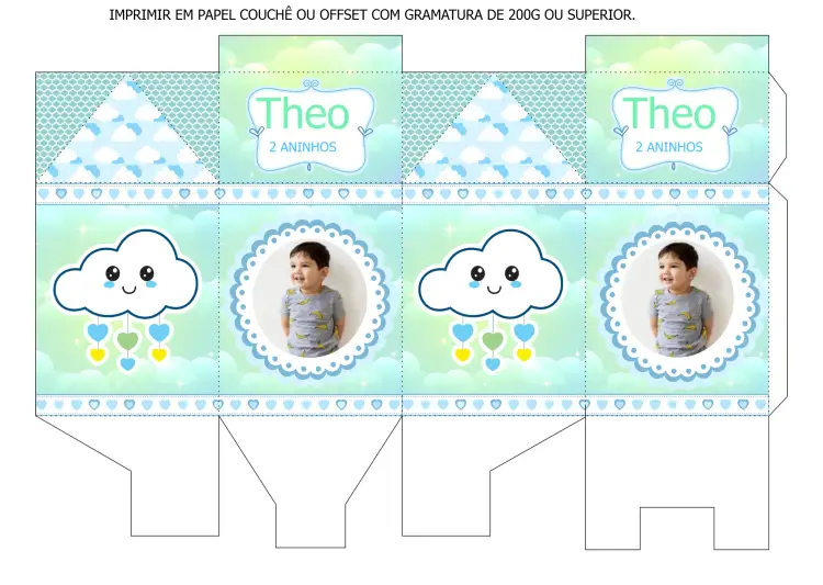 Convite Caixa Milk Para Imprimir Chuva De Amor Com Foto Molde – tema Mais pesquisados nuvens, chuva, cores suaves, ilustrações divertidas, estilo infantil, tema azul e verde