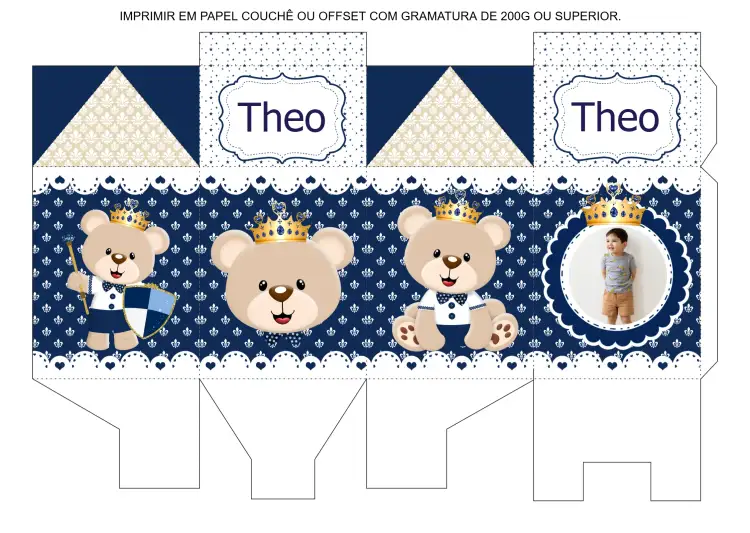 Convite Caixa Milk Para Imprimir Ursinho Principe Com Foto Branco – tema Mais pesquisados azul e branco, dourado, ursinho, príncipe, divertido, moderno