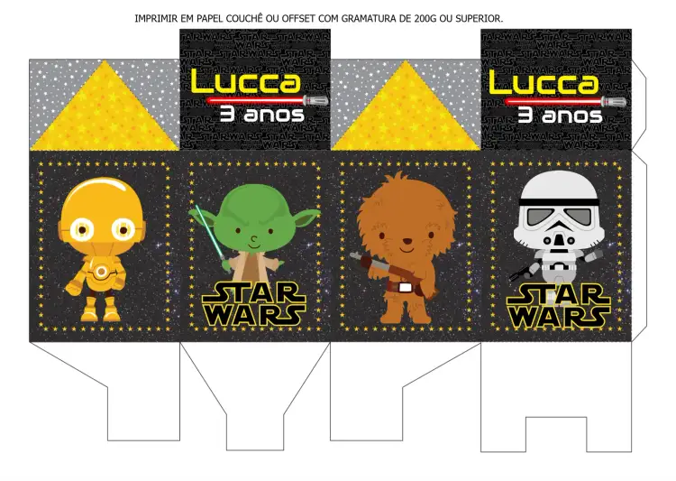 Convite Caixa Milk Stars Wars Personagens – tema Mais pesquisados temática Star Wars, cores vibrantes, estilo infantil, elementos gráficos divertidos, design moderno