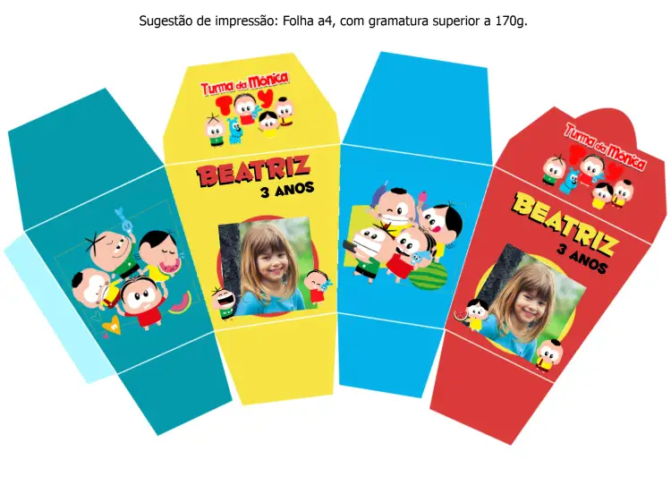Convite Caixa Sushi Turma Da Monica Toy Molde – tema Aniversário Infantil colorido, divertido, temático, infantil, vibrante
