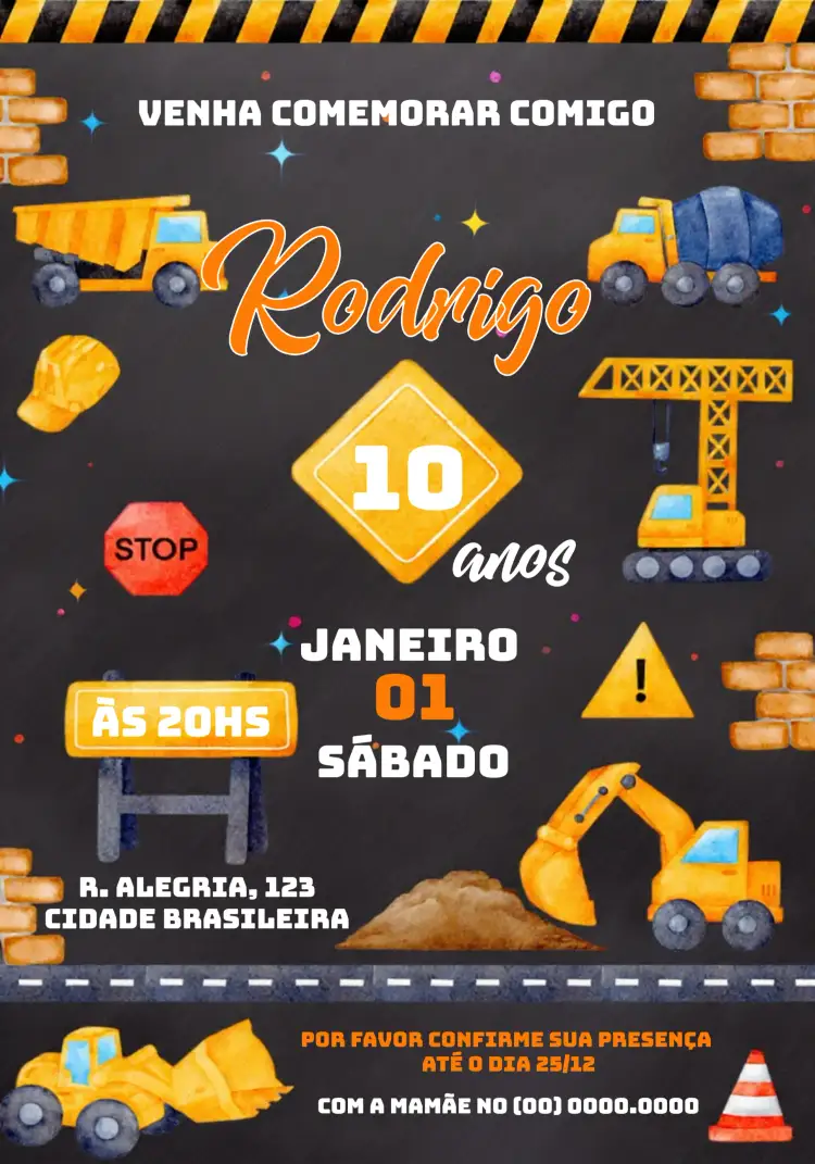 Convite Caminhão Construção Caçamba – tema Chá Rifa aquarela, divertido, colorido, infantil, temática de construção, vibrante
