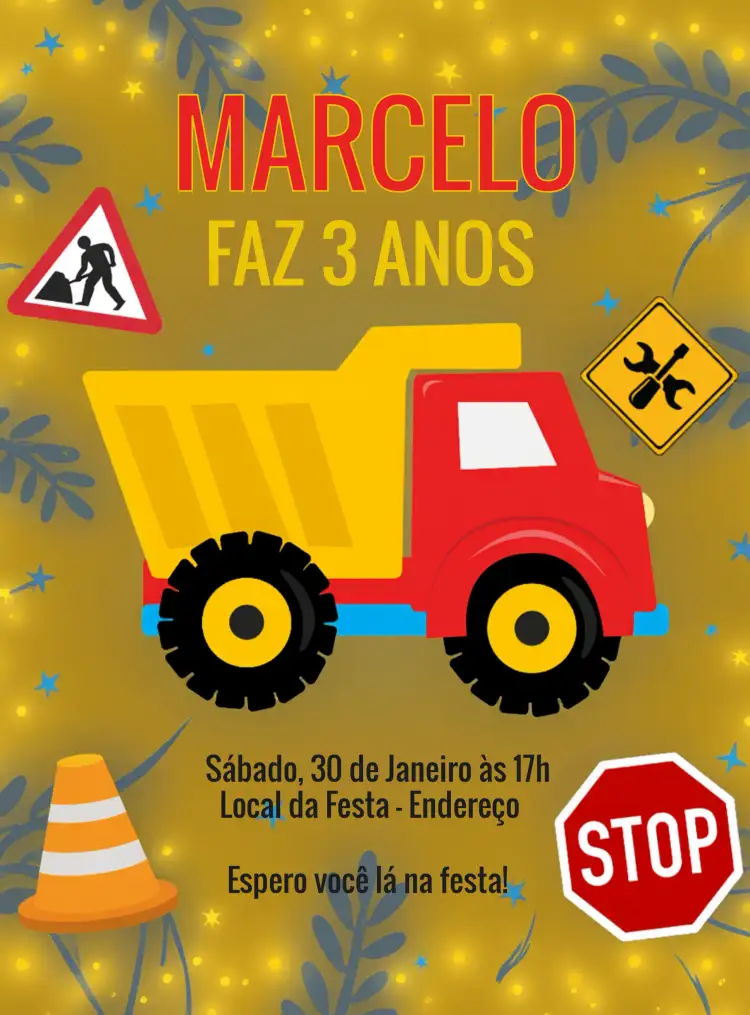 Convite Caminhão Construção Construtor – tema Chá Rifa colorido, infantil, temático, brincalhão, moderno, vibrante