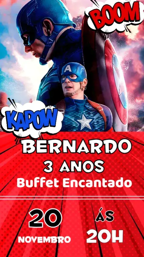 Convite Capitão América – tema Aniversário Infantil azul e vermelho, super-heróis, moderno, temática infantil, divertido, dinâmico