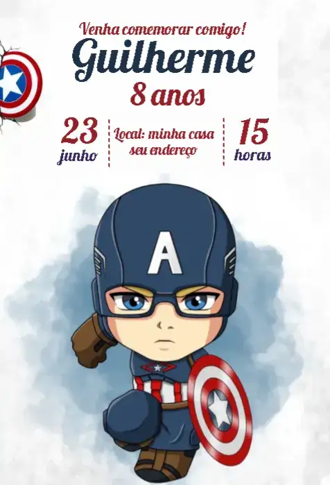 Convite Capitão América Aquarela Baby – tema Aniversário Infantil aquarela, super-heróis, cores suaves, lúdico, divertido, infantil