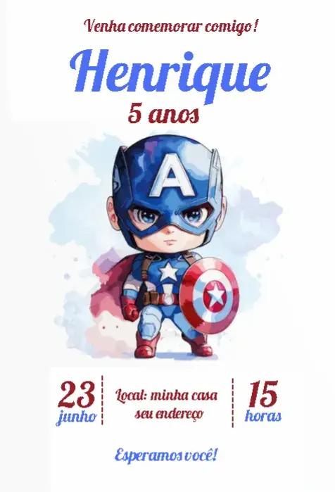 Convite Capitão América Baby Aquarela – tema Cartão aquarela, colorido, divertido, infantil, temático, super-heróis