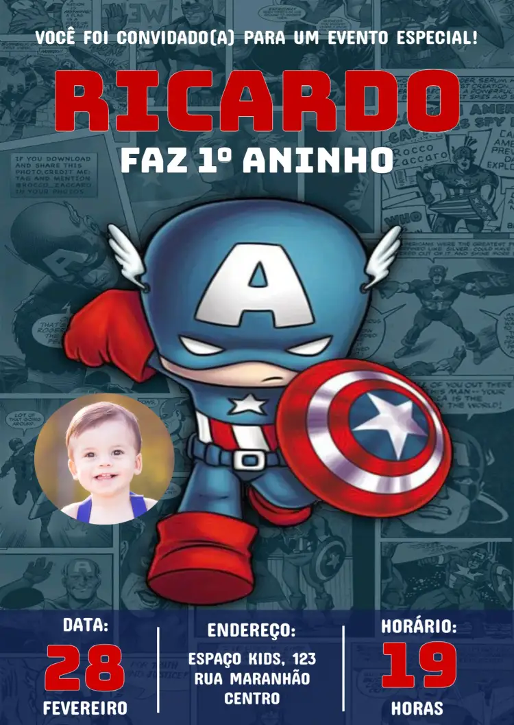 Convite Capitão América Com Foto Baby – tema Aniversário Infantil azul, vermelho, super-heróis, divertido, moderno, infantil