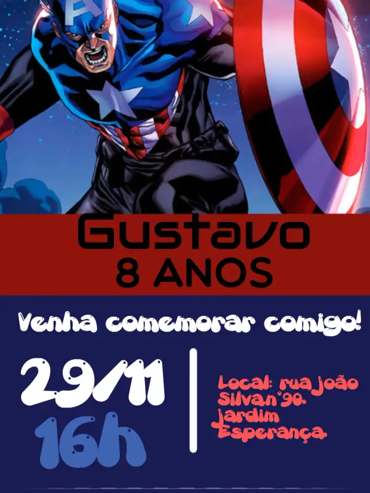 Convite Capitão América Vingadores – tema Aniversário Infantil super-heróis, colorido, divertido, moderno, dinâmico, infantil