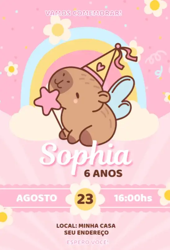 Convite Capivara 4 – tema Aniversário rosa, divertido, animal, infantil, colorido, natureza