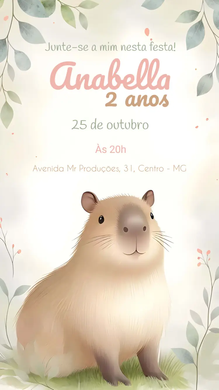Convite Capivara Aquarela Menina