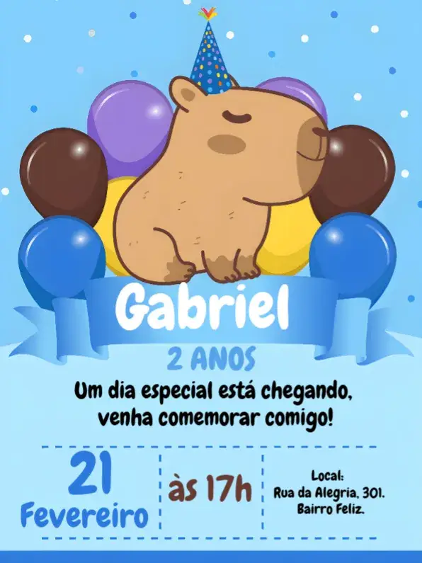 Convite Capivara Azul Menino Bexigas