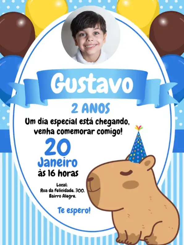 Convite Capivara Azul Menino Com Foto Infantil – tema Aniversário Infantil azul, animal, divertido, infantil, natureza, colorido
