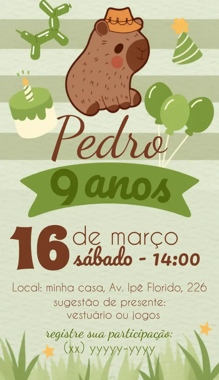 Convite Capivara Infantil – tema Aniversário Infantil colorido, lúdico, divertido, infantil, tropical