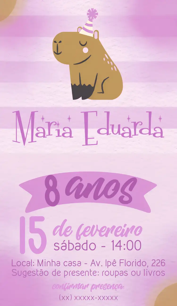 Convite Capivara Roxo – tema Aniversário Infantil roxo, lilás, animais fofos, infantil, colorido, divertido