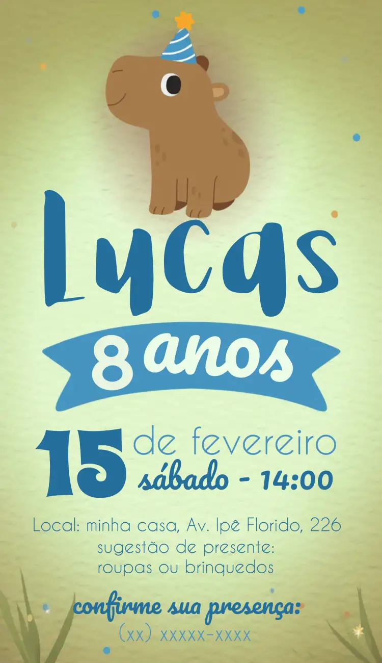 Convite Capivara Fofa – tema Aniversário Infantil colorido, lúdico, divertido, infantil, ilustrações fofas