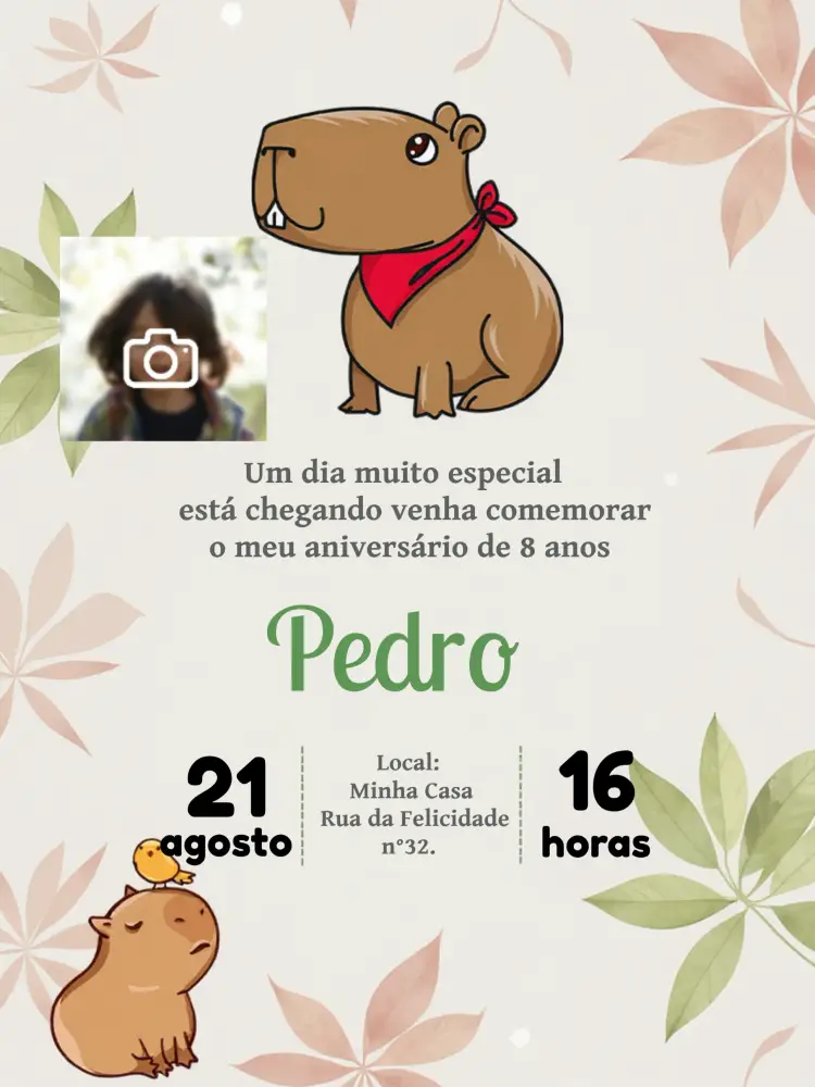 Convite Capivara Com Foto Menino